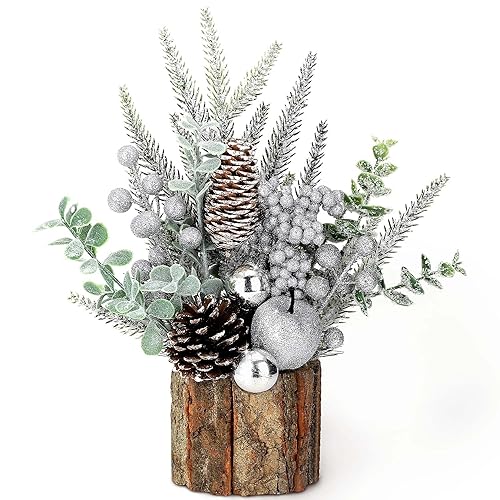 Small Christmas Tree Tabletop Artificial Mini Christmas Tree Decorations with Holiday Ornaments Red Berry Pine Cone Greenery for Home Indoor Fireplace Mantel Xmas Decor (Tree Stump-Silver)