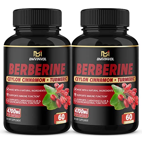 BMVINVOL (2 Packs) Berberine Supplement 4700mg Plus Ceylon Cinnamon, Turmeric - 120 Capsules - Supports Immune Function - Berberine HCl Supplement Pills - 4 Months Supply