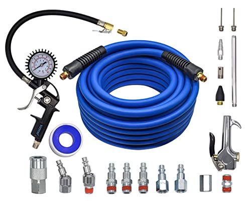 YOTOO Heavy Duty Air Compressor Accessories Kit 21 Pieces, 3/8 Inch X 50 Feet Hybrid Air Compressor Hose, Tire Inflator Gauge, Air Blow Gun, Swivel Air Fittings and Storage Case