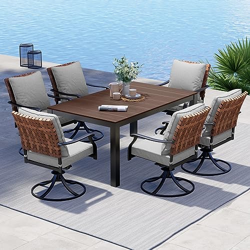 Grand patio 7-Piece Outdoor Dining Set, 6 Steel Leather-Look Resin Wicker Swivel Patio Chairs & 1 Rectangular Woodgrain Dining Table, Brown