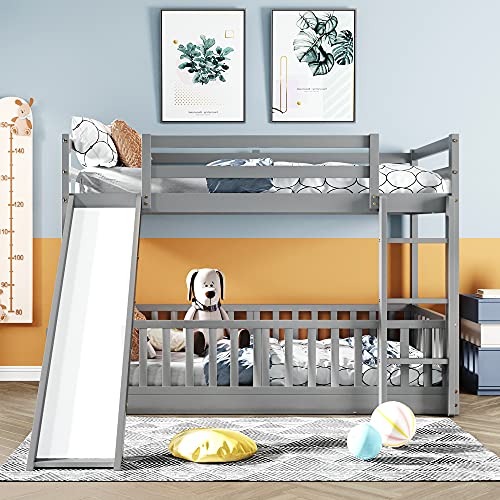 BIADNBZ Twin Over Twin Low Bunk Bed with Slide and Both Safety Guardrail, Solid Wood BunkBed Frame for Kids Boys Girls Bedroom, Gray