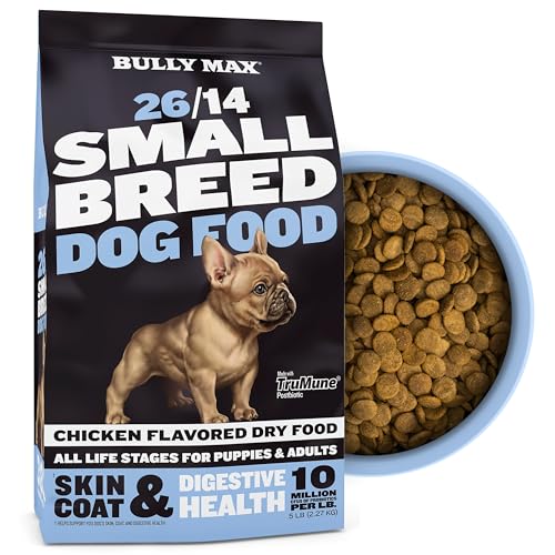 Bully Max 26/14 Small Breed Dry Dog Food for Skin, Coat & Sensitive Stomach - Chicken & Rice, Low Fat Dry Soft Kibble Bites for Puppies, Adult & Senior Dogs - Natural French Bulldog Puppy Food, 5 lbs