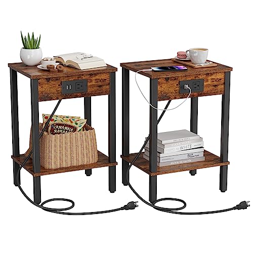 VIMBER Set of 2 End Table with Charging Station, Narrow Side Table with USB Ports and Outlets, Nightstands with 2-Tier Storage Shelves, Sofa Table for Small Space Living Room Bedroom