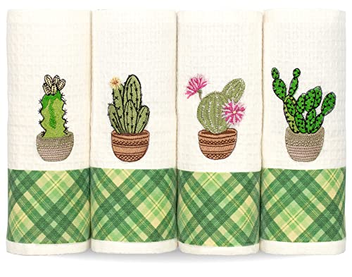 Lavien Home, Kitchen Dish Towels with Cactus Embroidered, Decorative Succulent Flowers Cute Tea Towels Turkish Cotton Waffle Weave 16 x 24 inches (Set of 4)
