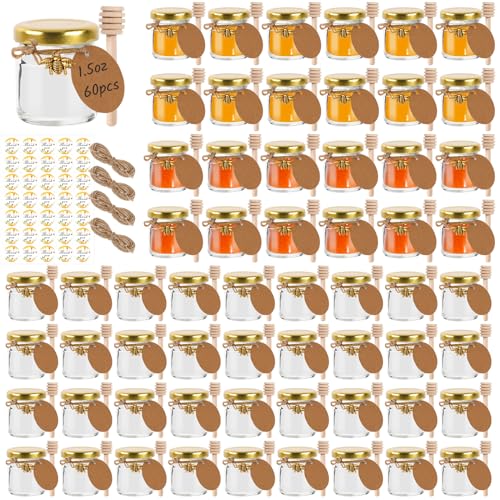 Betrome 1.5 oz Mini Glass Honey Jars, 60 Pack 45ml Clear Canning Jars Jam Jars with Gold Lids, Wood Dipper, Bee Pendants,Twine String,Bee Stickers &Tags -Perfect for Baby Shower,Wedding Party Favors.