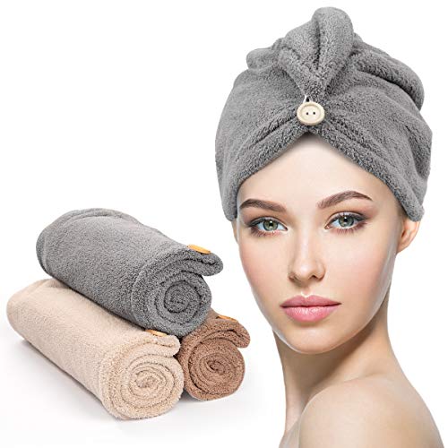 YFONG Microfiber Hair Towel 3 Pack, Hair Towel with Button, Super Absorbent Hair Towel Wrap for Curly Hair, Fast Drying Hair Turban Towel for Women, Anti Frizz Microfiber Towel