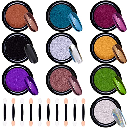 Duufin 10 Jars Chrome Nail Powder Metallic Nail Powders Chrome Nails Art Mirror Effect Powder with 10 Pcs Eyeshadow Sticks, 1g/Jar