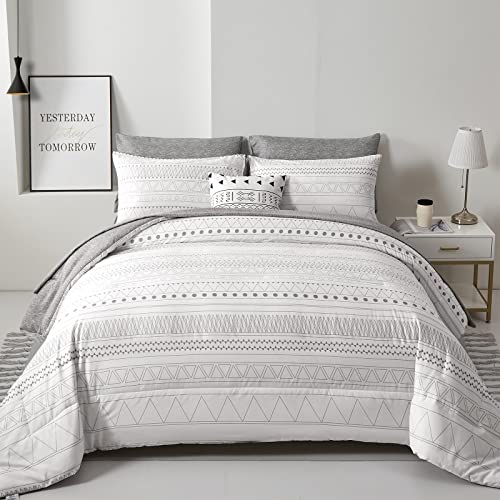 WONGS BEDDING Boho Comforter Set King Size,7 Pieces Grey White Geometric Bohemian Bed in a Bag Comforter Complete Striped Bedding Set for All Season with Sheets,Pillowcases & Shams Soft Microfiber