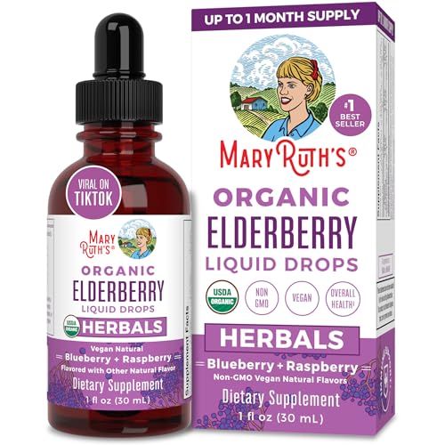 MaryRuth Organics Elderberry Syrup | USDA Organic Elderberry | Sugar Free Adults & Kids Immune Support Supplement for Ages 1+ | Clean Label Project Verified®, Vegan, Non-GMO, Gluten Free | 1 Fl Oz