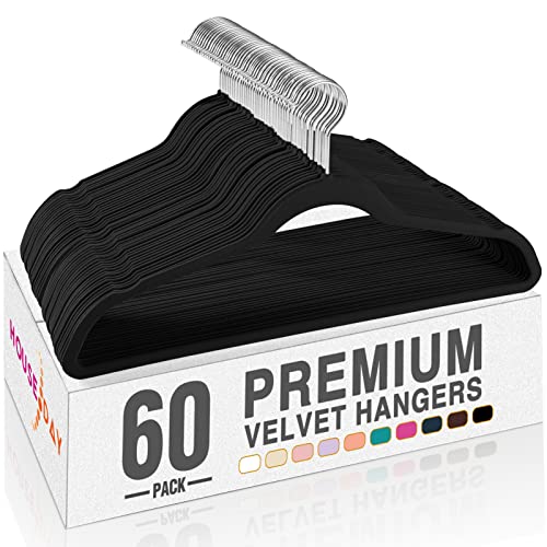 HOUSE DAY Black Velvet Hangers 60 Pack, Premium Clothes Non-Slip Felt Hangers, Sturdy Heavy Duty Coat Durable Suit for Space Saving, No Hanger Marks 360 Rotating