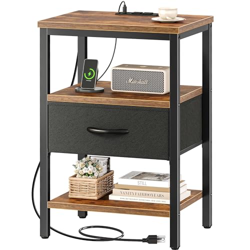 SUPERJARE Nightstand with Charging Station, Bed Side Table with Adjustable Fabric Drawer, Night Stand for Bedroom, 3-Tier Storage End Table, for Living Room, Rustic Brown and Black