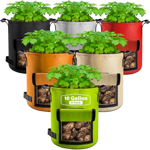 Suntee 6 Pack 10 Gallon Potato Grow Bags with Flap, Thickened Nonwoven Fabric Grow Bags for Growing Potatoes, Colorful Plant Grow Bags Pots Gardening Vegetable Potato Growing Bags with Durable Handles