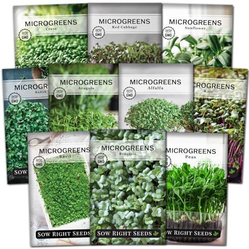 Sow Right Seeds - Microgreens Seed Sample Pack - 10 Packets of Healthy Superfoods to Sprout and Grow Indoors on Your Kitchen Counter - Broccoli, Cress, Sunflower, Arugula, Kale, Radish, Pea, and More
