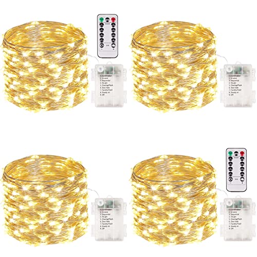 4-Pack 33FT 100 LED Fairy Lights Battery Operated with Remote & Timer, Waterproof Twinkle Christmas String Lights Outdoor Indoor 8 Modes for Bedroom DIY Party Dorm Wedding Garden Tree (Warm White)