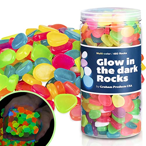Graham Products 450 Pieces Glow in The Dark Rocks | Indoor & Outdoor Use - Garden, Fish Tank Pebbles, Planter, Walkway Decoration & More | for Kids Aged 6 & Up | Powered by Sunlight - Multi-Colored