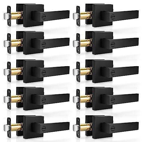 Hasmikit 10 Pack Matte Black Door Handles Privacy Door Levers, Heavy Duty Bed and Bath Door Locks Interior Door Knobs, Reversible Keyless Flat Levers with Square Rosette