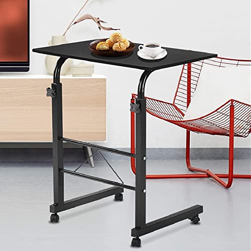 Rolling Wood TV Tray Table Adjustable Magazine Snack Table on Wheels Portable Mobile Laptop Desk Beside Sofa Couch Bed C-Shaped Dinner Tray Tables for Living Room Bedroom(23.5