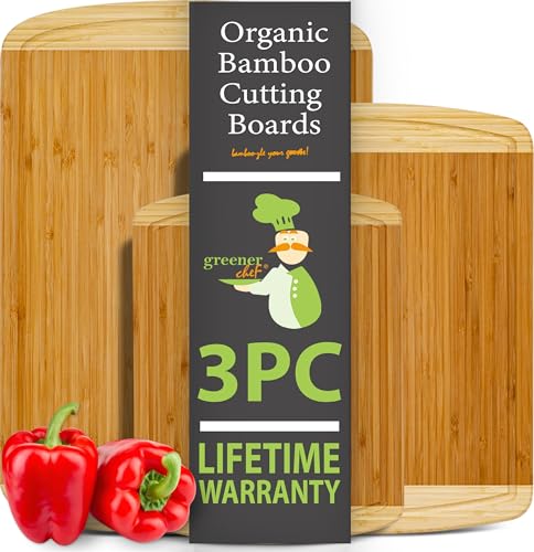 GREENER CHEF Organic Bamboo Cutting Board Set of 3 with Lifetime Replacements - Wood Cutting Board Set with Juice Groove - Wooden Chopping Board Set for Kitchen, Meat, Vegetables and Cheese