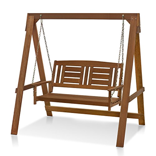 Furinno Tioman Hardwood Patio / Garden / Outdoor 4ft Porch Swing, 2 Seater with Stand, Natural