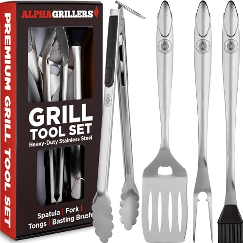 Alpha Grillers Grill Set Heavy Duty BBQ Accessories - BBQ Gifts Tool Set 4pc Grill Accessories with Spatula, Fork, Brush & BBQ Tongs - Grilling Cooking Gifts for Men Dad Durable, Stainless Steel