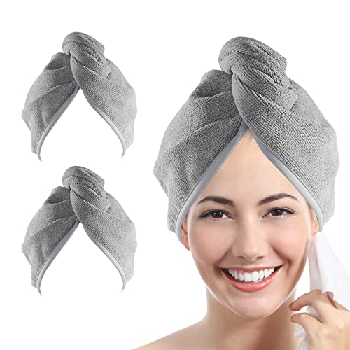 YoulerTex Microfiber Hair Towel Wrap for Women, 2 Pack 10 inch X 26 inch Super Absorbent Quick Dry Hair Turban for Drying Curly Long Thick Hair (Gray)