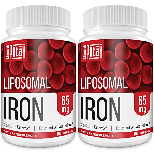 Liposomal Fe Iron Supplement for Women,65 mg Iron Supplement with Folic Acid & Vitamin B12 for Men,Red Blood Cell Production & Energy Support for Adults Iron Deficiency 60 Softgels(2 Bottle)