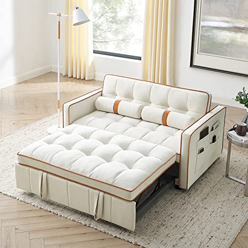 3 in 1 Sleeper Sofa Couch Bed, Small Tufted Velvet Convertible Loveseat Futon Sofa w/Pullout Bed, Adjustable Backrest, Cylinder Pillows, Multi-Pockets for Living Room Apartment, Beige, 55.5