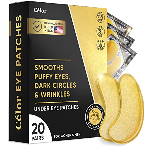 Under Eye Patches (20 Pairs) - Golden Eye Mask with Amino Acid & Collagen, Cooling Eye Care for Wrinkles, Puffy Eyes & Dark Circles, Brightening Skincare Treatment for Men & Women, Vegan & USA Tested