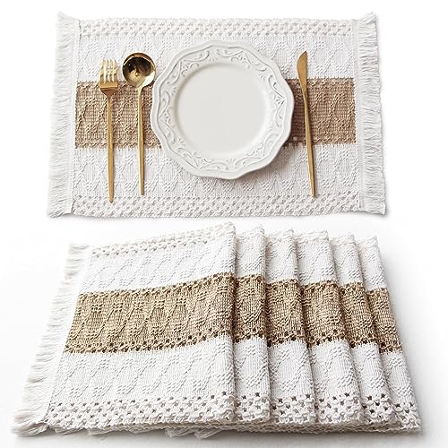 Fexia Boho Placemats Set of 6, Macrame Table Decor and Farmhouse Style Placemats Natural Cotton Burlap, for Dining Table Kitchen