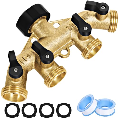 Star 4 Way Heavy Duty Brass Garden Hose Splitter, Hose Connector 3/4