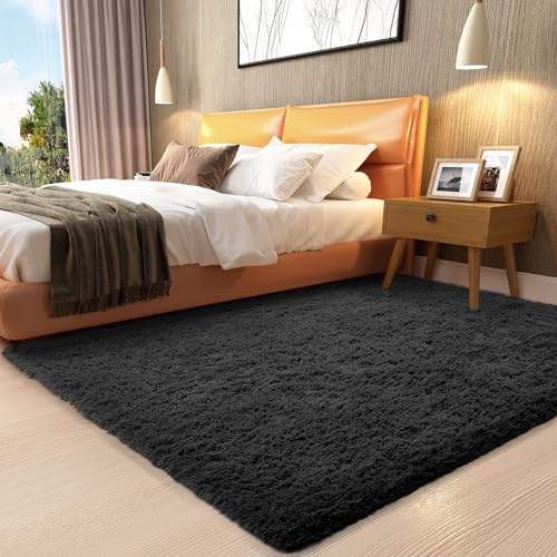 Ophanie 3x5 Black Rugs for Bedroom, College Dorm Room Small Area Rug, Non-Slip Fluffy Shaggy Bedside Soft Shag Fuzzy Plush Carpet for Kids Boys Teen Home Decor Aesthetic, Nursery