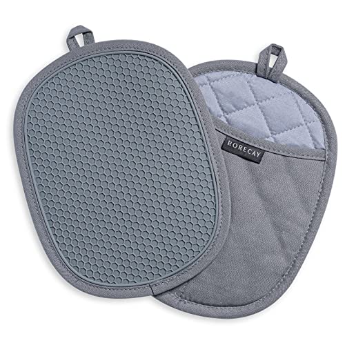 Rorecay Silicone Pot Holders Sets: Heat Resistant Oven Hot Pads with Pockets Non Slip Grip Large Potholders for Kitchen Baking Cooking | Quilted Liner | 9.8 x 7.6 Inches | Gray | Pack of 2