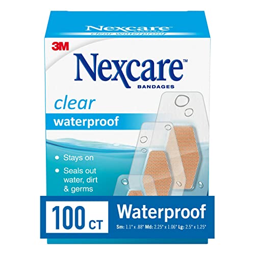 Nexcare Waterproof Bandages, Stays on in the Pool, Holds for 12 Hours, Clear Bandages for Fingers and Elbows - 100 Pack Waterproof Bandages