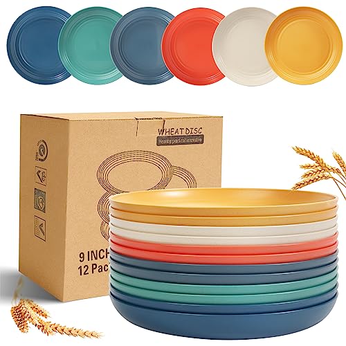 OAMCEG 12 Pack Plastic Plates Reusable - 9 Inches Unbreakable Eco-Friendly Lightweight Wheat Straw Plates, Salad Plates, Camping Plates, Dinner Plates, Dishwasher & Microwave Safe, BPA FREE