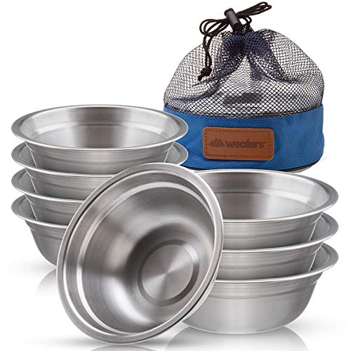 Wealers Stainless Steel Bowl Set - 6 inch Ultra-Portable Dinnerware Round BPA Free Bowls with Mesh Travel Bag for Outdoor Camping | Hiking | Picnic | BBQ | Beach (8 Pack)