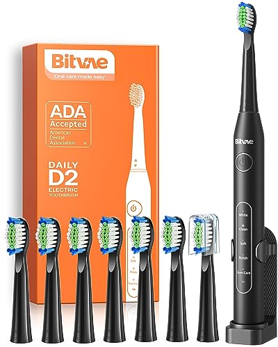 Bitvae Electric Toothbrush for Adults - Ultrasonic Electric Toothbrushes with 8 Brush Heads, ADA Accepted Power Rechargeable Toothbrush with 5 Modes, Smart Timer, Black D2