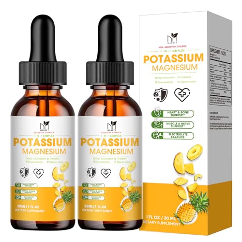 (2 Pack) Potassium Magnesium Supplement w/Calcium-High Absorption Potassium Aspartate 100mg & Magnesium Complex 1500mg with Aspartate,Glycinate,Taurate-Vegan Drops for Leg Cramps,Muscle,Heart Support