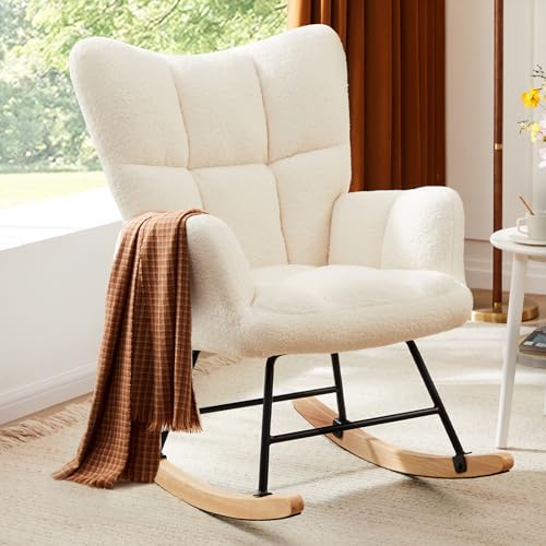 Sweetcrispy Rocking Chair Nursery, Teddy Upholstered Glider Rocker with High Backrest, Reading Chair Modern Rocking Accent Chairs Glider Recliner for Living Room, Nursery, Bedroom
