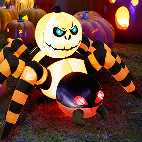 JOYDECOR 8FT Spider Carrying Pumpkin Halloween Inflatable Decorations, Built-in LED, Outdoor Yard Holiday Season, Quick Air Blown, red