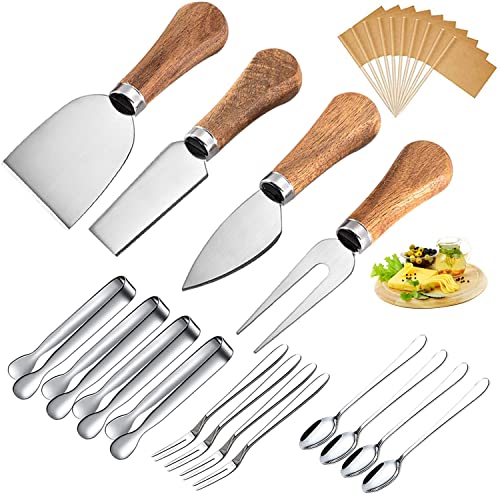 Cheese Knives Set with Wooden Handle, Mini Steel Stainless Cheese knife set for Charcuterie and Cheese spread Mini Serving Tongs Spoons Forks Toothpick Flags for party Wedding Christmas (Option 1)