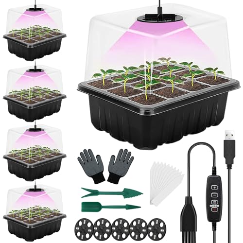 BTYEEUYI 5 Pack Seed Starter Tray with Grow Light, Higher Cover Seed Starter Kit, Seedling Starter Trays with Humidity Dome, Timing, Gardening Flower Plant Germination Trays Black (60Cells)