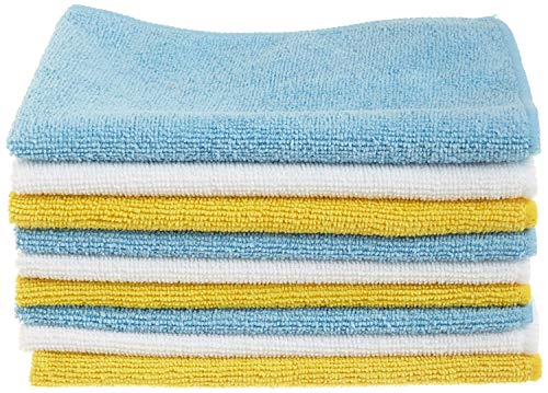 Amazon Basics Microfiber Cleaning Cloths, Non-Abrasive, Reusable and Washable, Pack of 24, Blue/White/Yellow, 16