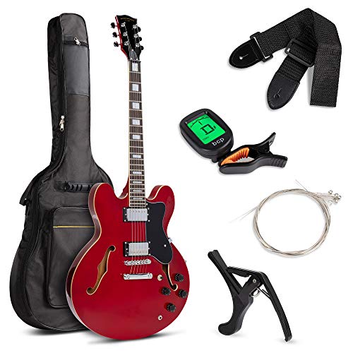 Best Choice Products Semi-Hollow Body Electric Guitar Set w/Dual Humbucker Pickups, 3-Way Pickup Selector, Case, Electronic Tuner, Capo, Strap, Picks, Cutaway Design - Red