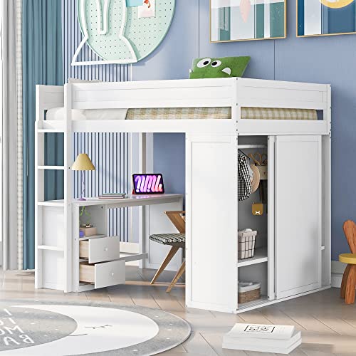 Harper & Bright Designs Full Size Loft Bed with Desk, Wood Full Loft Bed with Wardrobes and 2-Drawer Desk with Cabinet, Bedroom Furniture, White