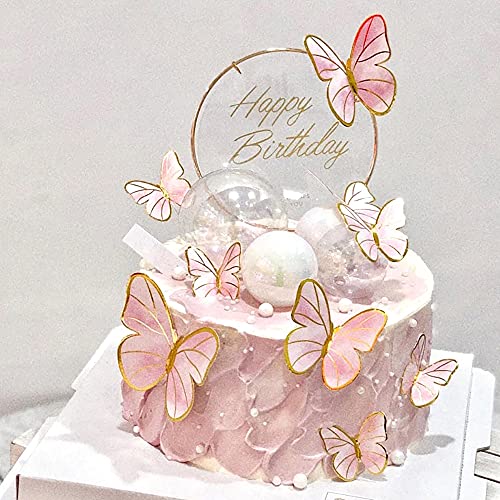 Hazyore Pink Butterfly Cake Toppers, 11pcs Cupcake Toppers Happy Birthday Metal Gold Topper for Girls Women