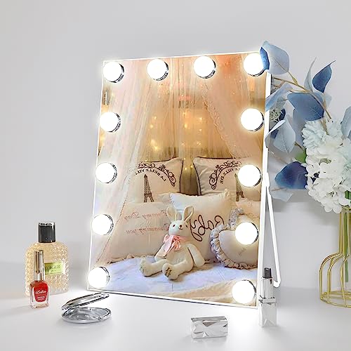 Despful Vanity Mirror with Lights, Hollywood Lighted Makeup Mirror with 3 Color Modes and 12 Dimmable Diamond LED Light Bulbs, 360° Rotation, Touch Control, White