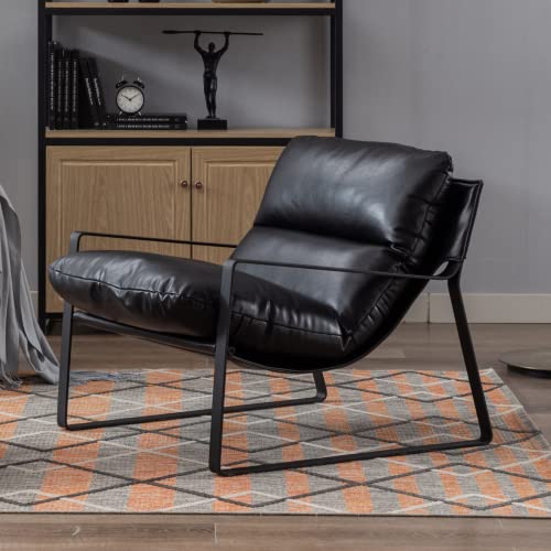 LukeAlon Modern PU Leather Accent Armchair, Upholstered Living Room Chair with Metal Base Thickened Cushion Single Sofa Chair Comfy Lounge Chair for Bedroom Living Room, Black