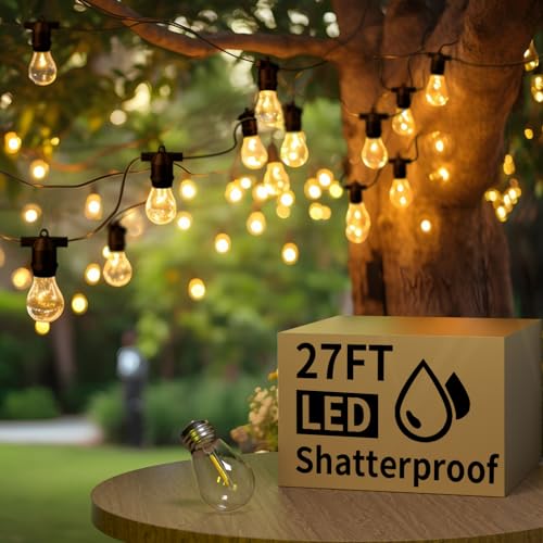 Lampeger 27FT Outdoor String Lights with 10 Edison Shatterproof Bulbs(1 Spare Bulb) Patio LED Lights for Garden Backyard Gazebo Porch Outdoor Party Decorations 2700K Dimmable