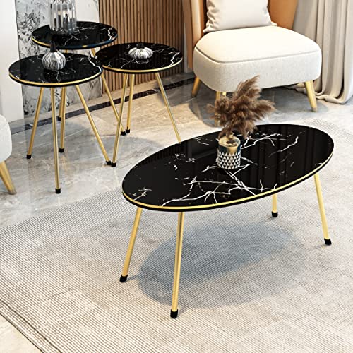 SUNRISE HOME DECOR 4 Piece Living Room Table Set, 1 Coffee Table and 3 Nesting Tables, NO-Tools Assembly (White Marble/Gray, Ellipse Coffee Table/Round Nesting Tables) (Black Marble/Gold)