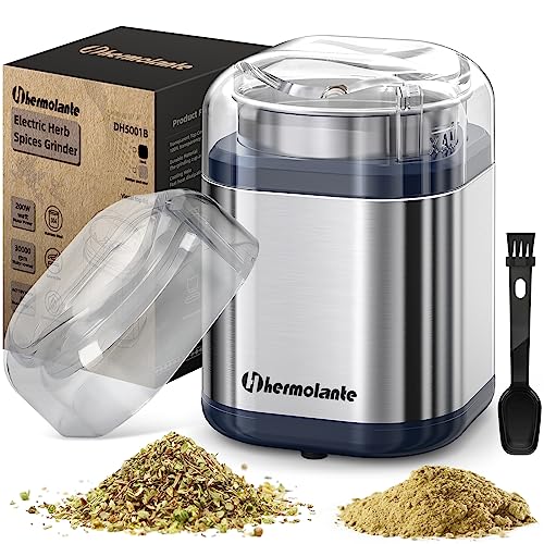 Hermolante Herb Grinder Spice Grinder, 200 w Herb Grinder with Stainless Steel Blade and Cleaning Brush, Compact Size Electric Grinder for Herbs and Spices -5.11in (Stainless Steel)